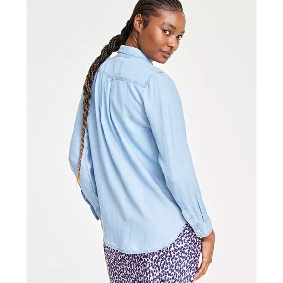 On 34th Women's Chambray Shirt Plus Size 0X Long Sleeve Casual Button Blue Top - Picture 14 of 16